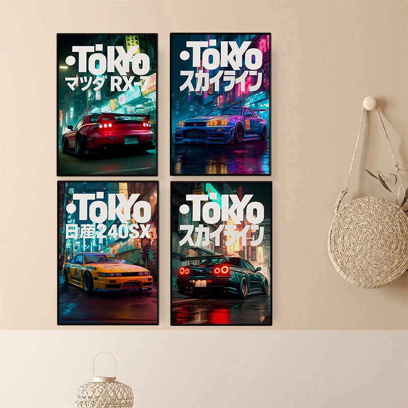 Japanese Car Lifestyle - 빈티지 도쿄 JDM 자동차 포스터 네온